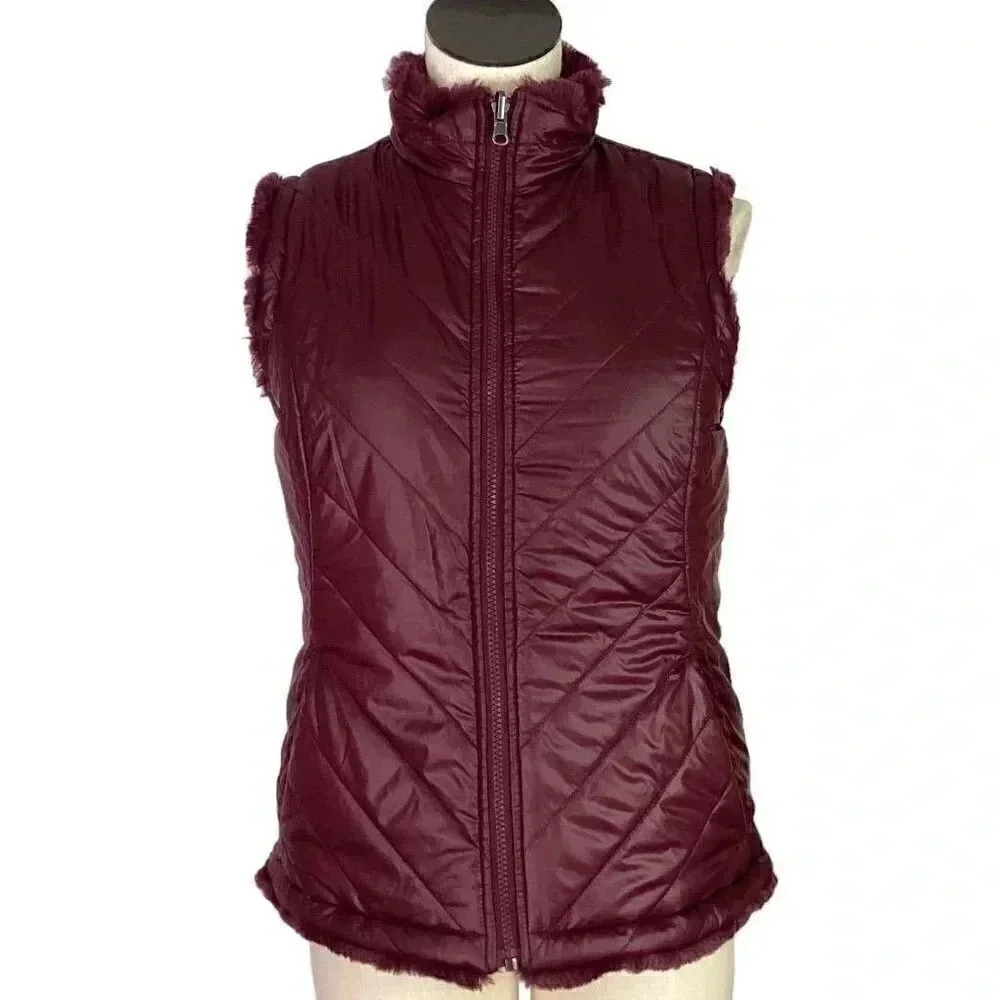 Nicole Miller Original Women S Fuax Fur Lined Reversible Quiled Zip Up Vest Wine